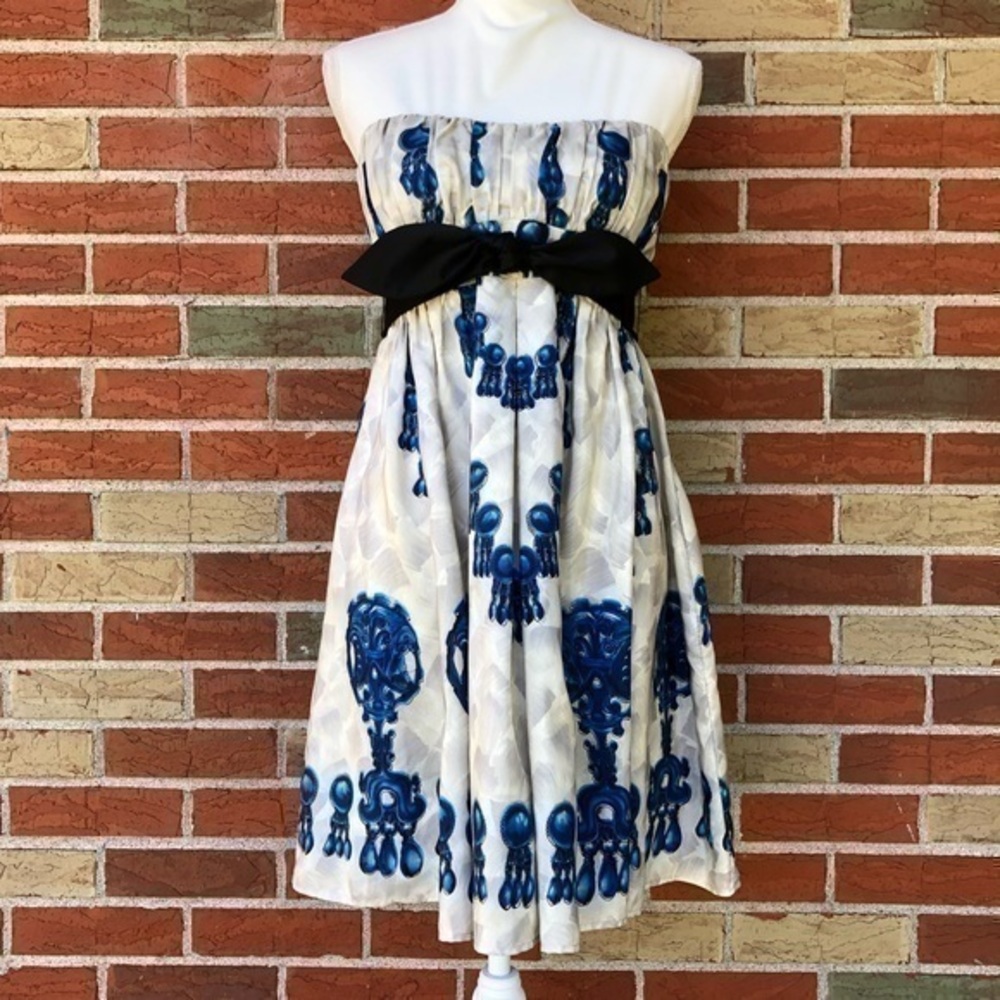 Nanette Lepore Silk White Black Blue Strapless Mini Dress 👗